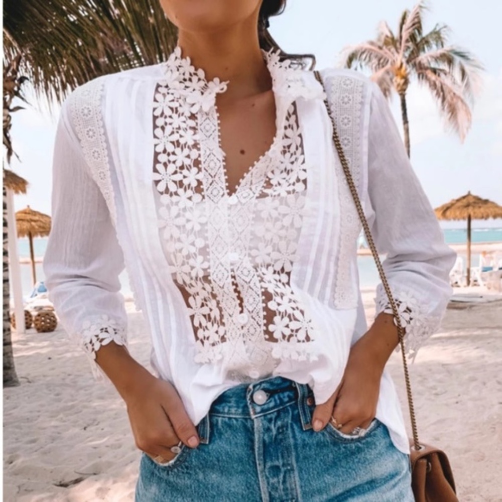 030 Boho White Embroidered Floral Crochet Button up top - Picture 2 of 5